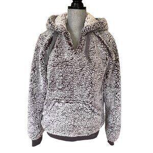 Altar'd State Sherpa Fleece Hoodie Pullover Sweater Gray Small V-Neck Cabincore